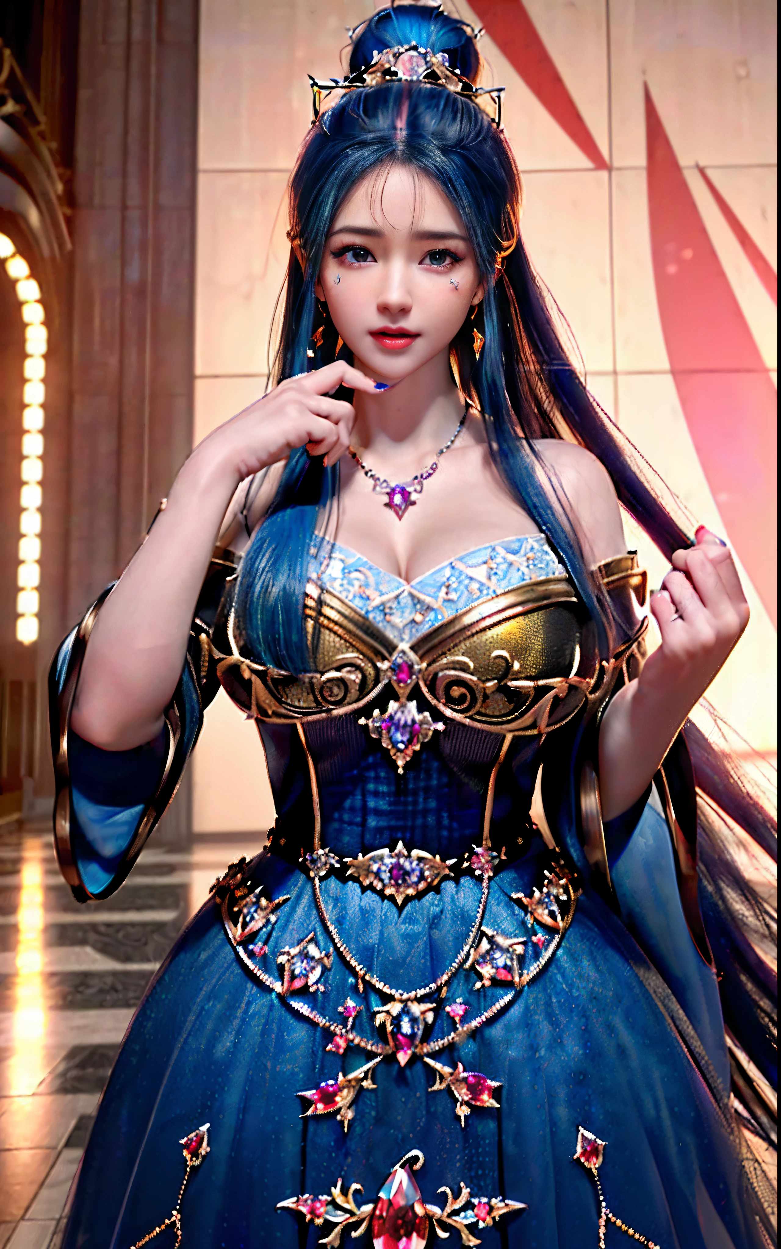 ((realisticity: 1.2)), ((realistic: 8K UHD)), ((best resolution: 8K UHD)), hyper detailed, best quality,masterpiece,highres,cg, ((1 girl hyper detailed and hyper realistic) ) , ((beautiful queen, hyper realistic and hyper detailed)),((white skin, beautiful, smooth, youthful, hyper realistic and hyper detailed )), ((Face hyper beautiful, white, hyper realistic and hyper detailed ) ), long hair, ((hyper realistic and hyper detailed dress)), solo, ((hyper realistic, hyper beautiful, beautiful and hyper detailed jewelry)), ((hyper beautiful deep red and golden yellow dress, hyper realistic and hyper detailed )) , ((Her pretty, hyper realistic, hyper detailed diamond filled earrings)), ((Her gorgeous diamond haircut, hyper realistic and hyper detailed)), ((hyper pretty upper body, hyper beautiful, hyper realistic and hyper detailed) ), ((medium breast: 1.1)), ((hyper realistic, hyper pretty, hyper detailed boobs)), ((the backgroun of the royal palace is hyper majestic, hyper realistic and hyper detailed)),((hands and palms hyper beautiful, hyper detailed, hyper realistic)), ((hyper detailed and hyper realistic fingers and fingernails)), ((hyper pretty fingernails, hyper vivid, hyper detailed, hyper realistic)), ((thumb, index finger, middle finger, ring finger, little finger hyper vivid, hyper pretty, hyper detailed, hyper realistic)),  
((hyper beautiful fingers, hyper detailed, and hyper realistic)), ((posture not too fat and not too thin, hyper realistic, hyper detail)), ((hyper pretty, hyper pretty, hyper realistic and hyper detailed hair bun)), ((hyper pretty , hyper realistic and hyper detailed blue hair)), candid, Photo, high resolution, 8k , bokeh,