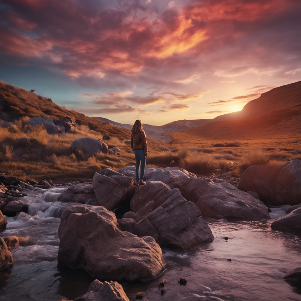 tmasterpiece，best qualtiy，Cinematic film stills，An alfield woman holding a remote control in front of a rock, DJI drones are flying in the sky with cameras., Close-up of a person standing in front of a body of water, bright，Tolerable，Warm and soft lighting，Sundown