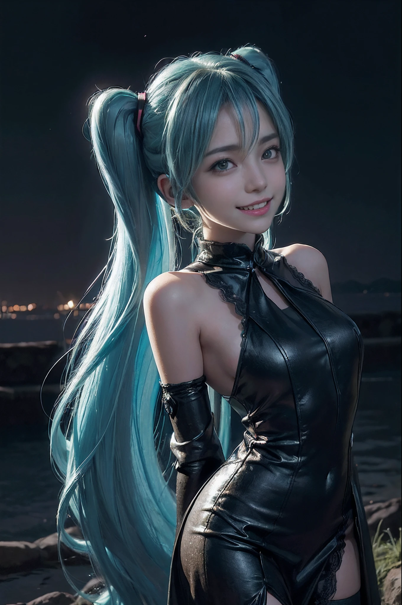 (((hatsune miku charakter))), (((tosca hair color))), ((long twin tail hair with pony)), looking at the view, eyes on the view, (((smile))), 21 years old girl, perfect body, perfect anatomy, tosca eye color, double eyelids, huge breasts, Highly detailed skin texture, (Realistic skin), Ultra-Detailed Face, Detailed Lips, Detailed Eyes, Double Eyelids, nacklaces, wet skin, wet hair, (((simple background))), (front focus), (in the dark:1.6), (((night vibe))), deep dark, Hyperrealist portrait of female by david hockney and alphonse mucha, fantasy art, photo realistic, ((dynamic pose)), (((world model pose))), dynamic lighting, artstation, poster, volumetric lighting, very detailed faces, 4 k, in the dark, (((night vibe))),deep shadow, low key, cowboy shot, (((long dress))), lighting dress, erotic lace dress, black stockings