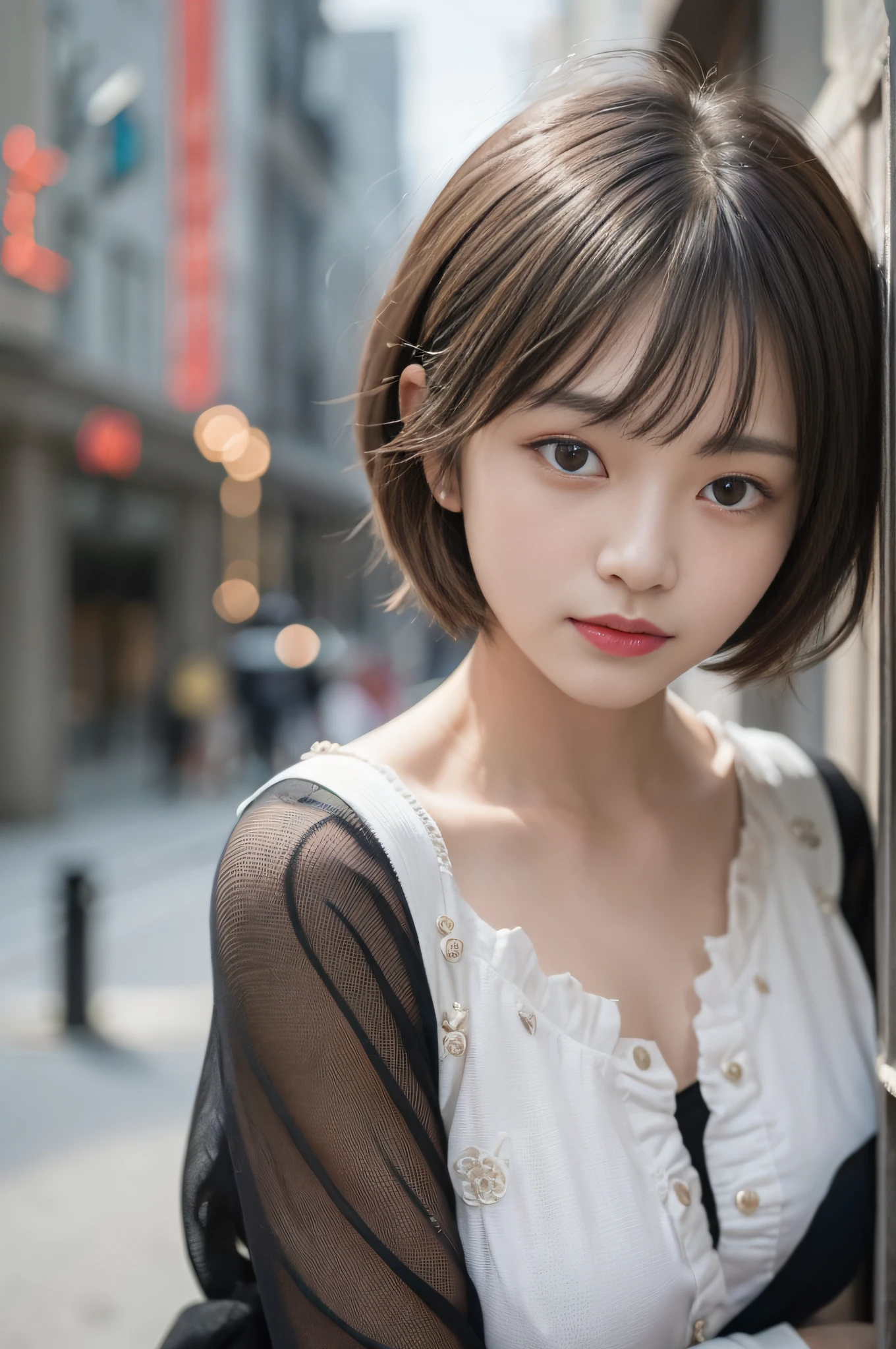 masutepiece, Best Quality, 8K, age:13、Lori、Teen, Raw photo, absurderes, award winning portrait, Solo, Office、during the day、Idol face, violaceaess, gardeniass, Delicate girl, Upper body, Digital SLR, Looking at Viewer, Candid, Sophisticated, zora々Right, Thin arms, Professional Lighting, Film grain, chromatic abberation, (Eyes and faces with detailed:1.0), (Bokeh:1.1)、 Blouse appearance、cleavage、tiny chest、Plaid skirt with suspenders