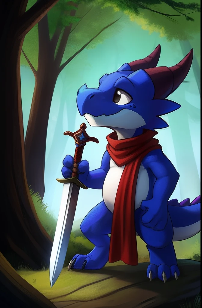 best quality, 1 boy, small size, (kobold face), blue fur, belly white, black eyes, tail kobold, furry male, kobold male, Anthropomorphics, (red scarf on kobold neck), hold sword in hand, (in a forest), (Alsnapz)