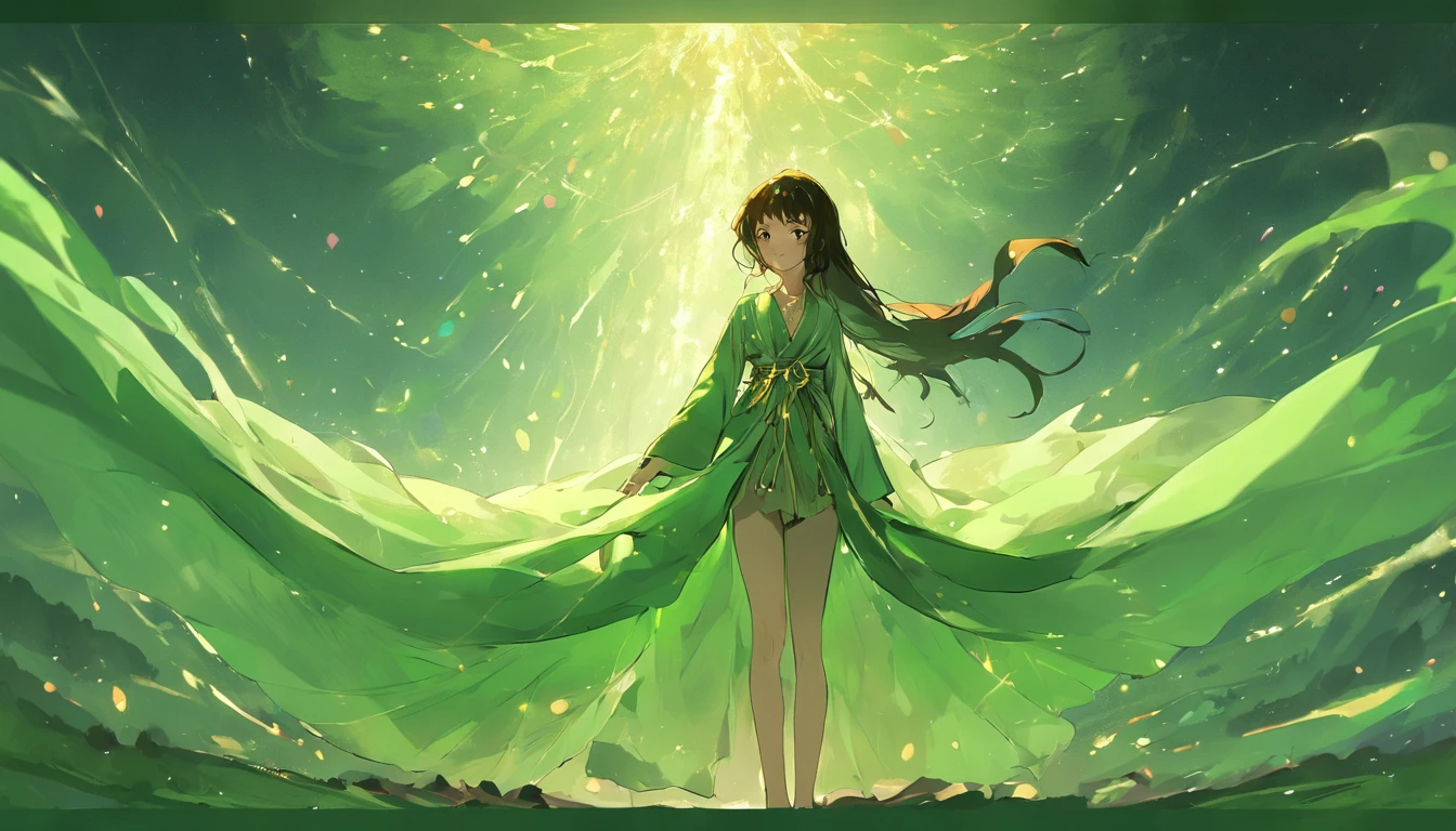 auburn hair，Slender palatial woman, Decorated with flowing emerald silk robes, Stand on top of a meadow hill，The view is majestic.