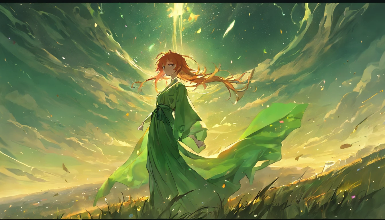 auburn hair，Slender palatial woman, Decorated with flowing emerald silk robes, Stand on top of a meadow hill，The view is majestic.