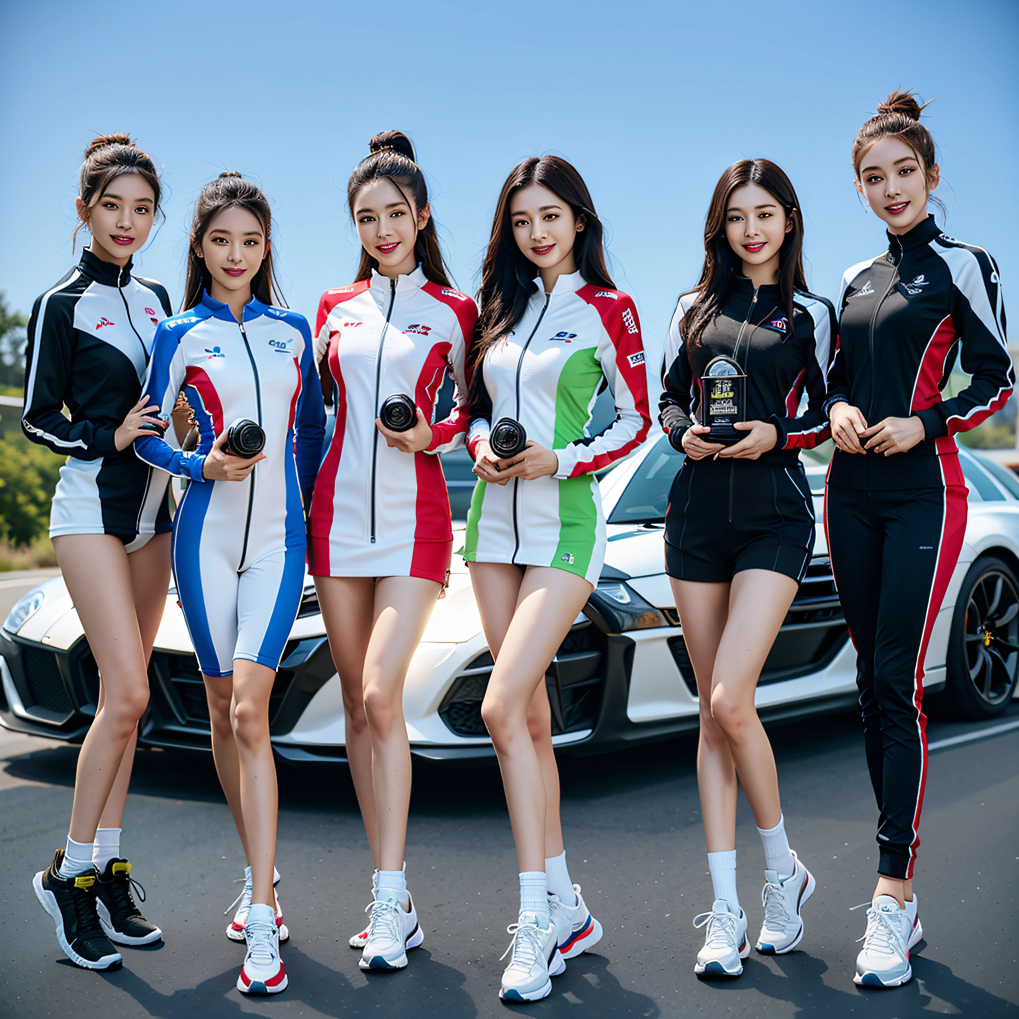 Four women in sportswear stood next to a car on the road, Alien racer, at racer track, Style of play, Sports cars, Sports cars, multiple, F11:6, tight business suit, female human body whole body, Advertising photography, 2 0 2 0 fashion, e-sport style, photoshoot, colorful uniforms, trending at cgstation, advertising photograph, promotional photoshoot,Light smile, surrealism, High detail, Cinematic lighting, Ray tracing, god light, Close-up, hyper HD, retinas, Masterpiece, ccurate, Anatomically correct, Textured skin, Super detail, High details, High quality, Award-Awarded, Best quality, A high resolution, 16k