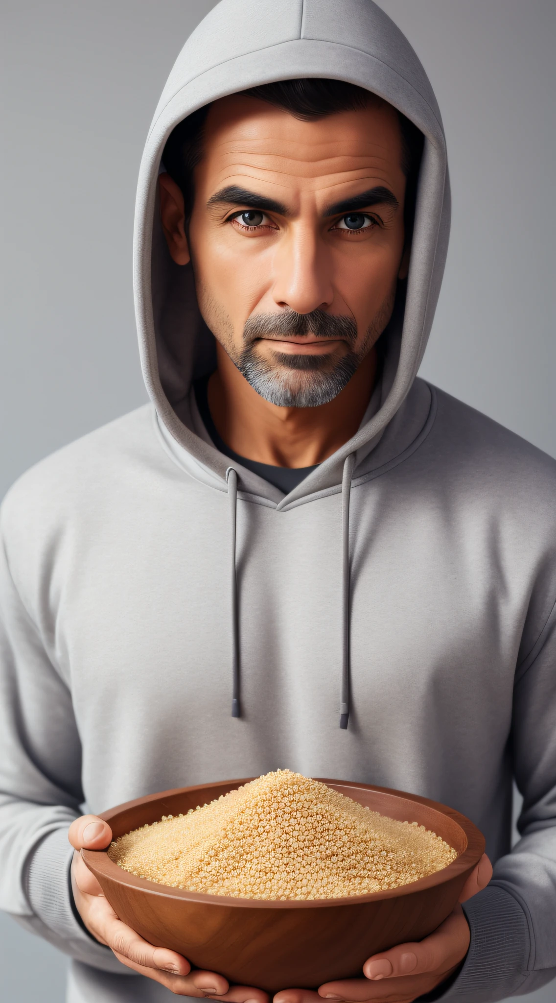 Man in sweatshirt, holding bowl of couscous, looking directly at camera, neutral gray background, front view, close-up, hd, 8k