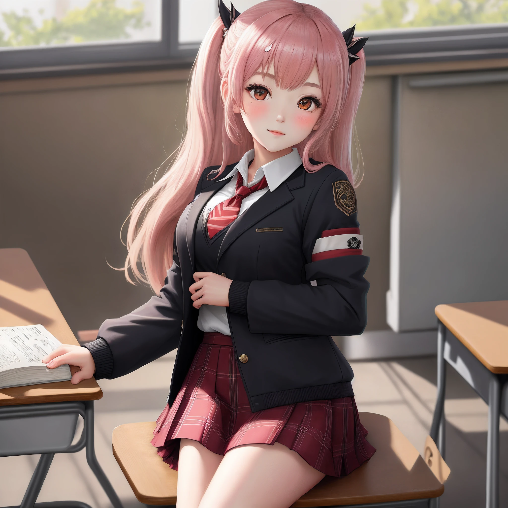 best quality, ((masterpiece)),extremely details, ultra high res, illustration,1girl,lumine \(genshin impact\),skirt, jacket, plaid_skirt, plaid, desk, blazer, solo, book, classroom, school_desk, hair_ornament, indoors, school_uniform,looking_at_viewer, pleated_skirt, blush, window, black_jacket, shirt, long_sleeves, mole, hairclip, collared_shirt