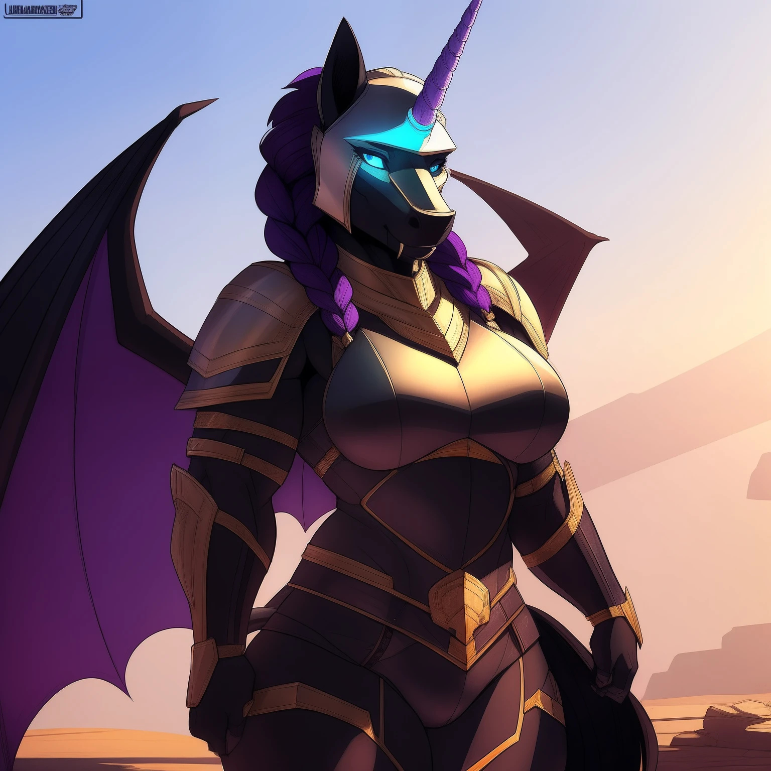 muscular_mature_horse female faded_dark_purple_mane braided_ponytail black_furry_body teal_eyes cat_eyes solo Masterpiece best_quality absurdres highly_detailed cleanly_drawn_eyes heavy_plate_armor fangs bat_wings heavy_helmet purple_eyeshadow long_black_unicorn_horn horse_snout anthro_only seductive_gaze sultry by_claweddrip by_greasymojo by_underscore-b by_runawaystride