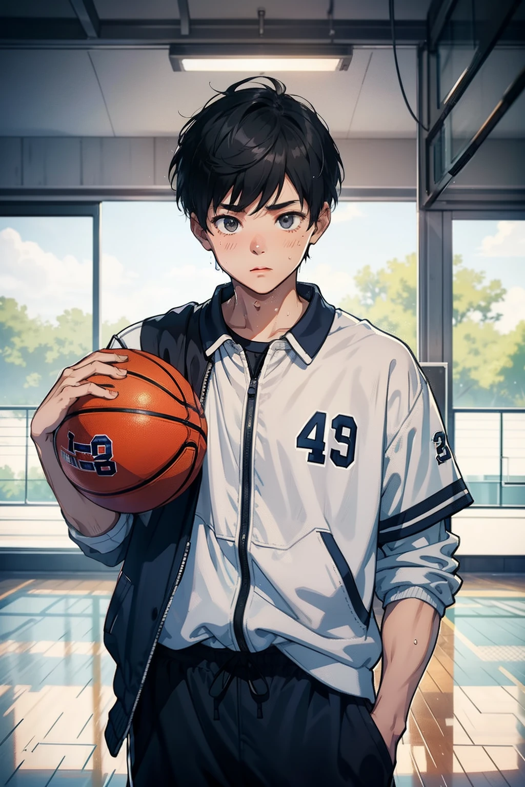 A boy is in、college aged、Basketball court、Mashed potatoes cut hairstyle、basketball suit、grey pants、standing on your feet、Upper body portrait、Wipe sweat on the forehead、brightly、