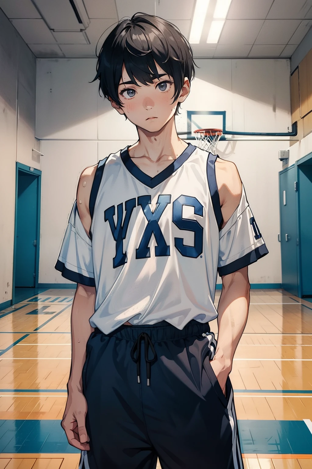 A boy is in、college aged、Basketball court、Mashed potatoes cut hairstyle、basketball suit、grey pants、standing on your feet、Upper body portrait、Wipe sweat on the forehead、brightly、