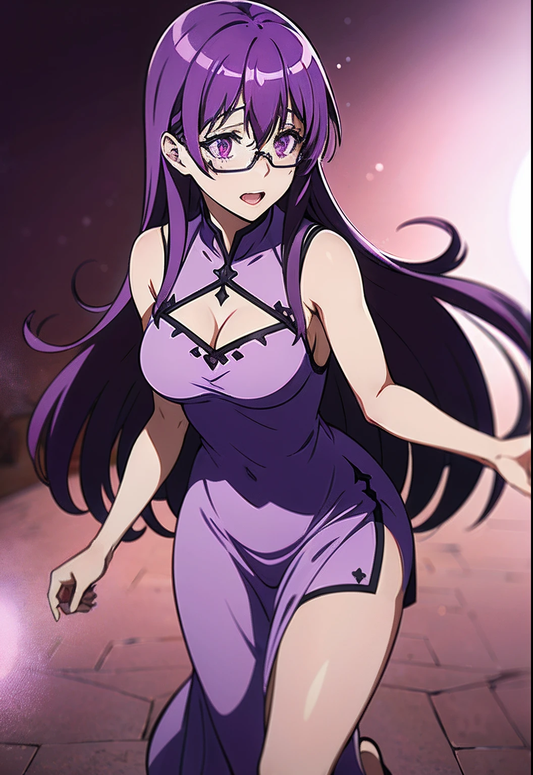 Sheele, 1girl, solo, purple hair, purple eyes, glasses, long hair, smile, under-rim eyewear, open mouth, semi-rimless eyewear, yandere, hour glass body, ((Purple Sundress)) ((Extremely Detailed)), ((Best Quality)), ((Masterpiece)), ((4k))