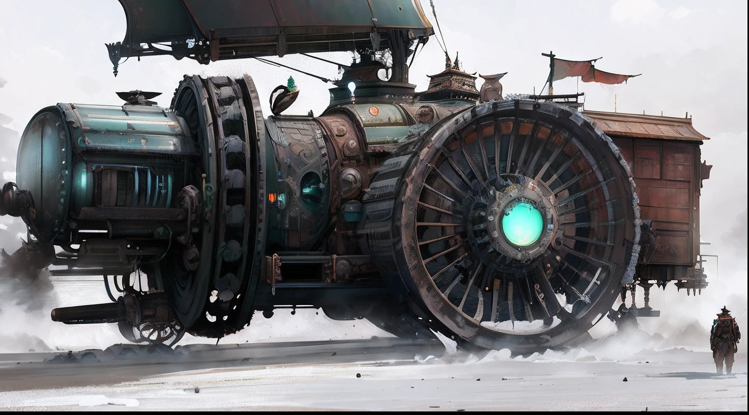 there is a man standing next to a large vehicle with a green light, anime art vehicle concept art, mechanized art concept, steampunk concept art, nicolas bouvier sparth, extremely detailed concept art, dieselpunk art style, digital steampunk art, sci-fi steampunk, mechanical sci fi, oil paint concept art, vehicle concept photo!!, heavy detail