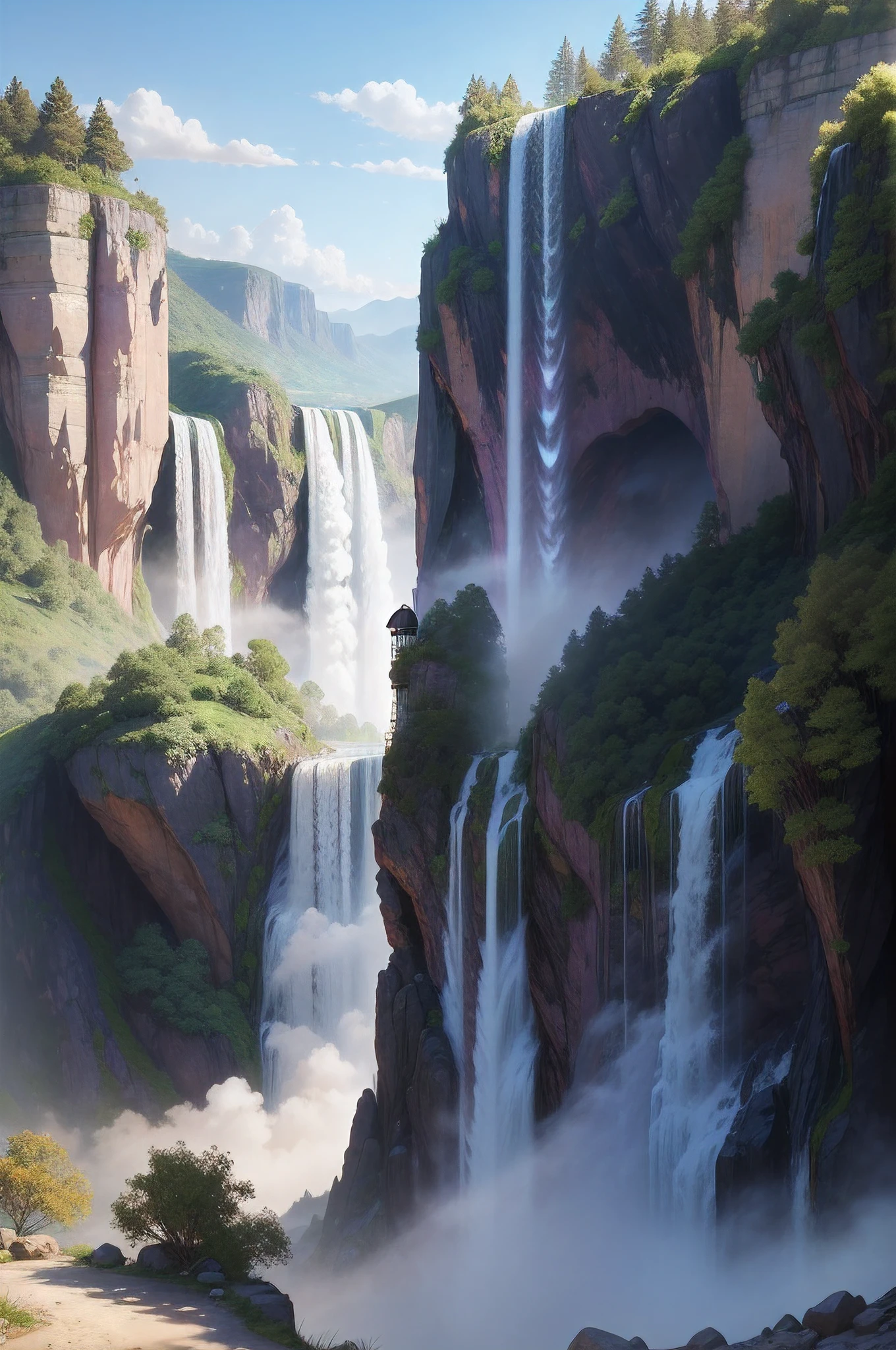 The incense burner in the sunshine produces purple smoke, and you can see the waterfall hanging from the front river