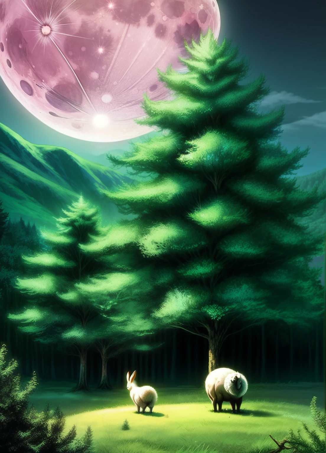 enchanted forest, the full moon rises from behind the hills, the bunnies and hedgehogs sit and watch the moon