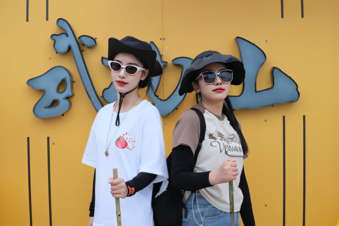 The two girls stood in front of a yellow wall,There is a sign of love written on the wall。, wearing sunglasses and a cap, wearing sunglasses and a cap, with sunglass, taken with canon 8 0 d, Street attire, casual clothing style, Random style, 2 people, Berets and sunglasses, vacation photo, photograph taken in 2 0 2 0, wearing a travel hat