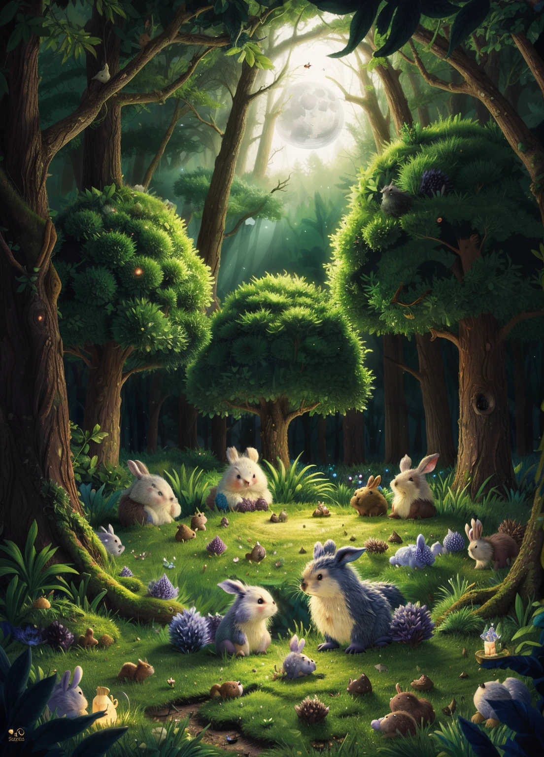 "enchanting woodland, the moonlight illuminates the serene scene as bunnies and hedgehogs gather to witness its rise."
