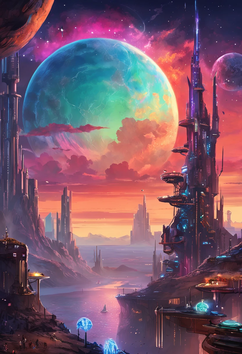 "Inmerso en un cyberpunk inspirado, Neon-soaked world, captivated by the surreal vision of a ring-shaped planet dominating the sky, lleno de fascinante arte digital."
