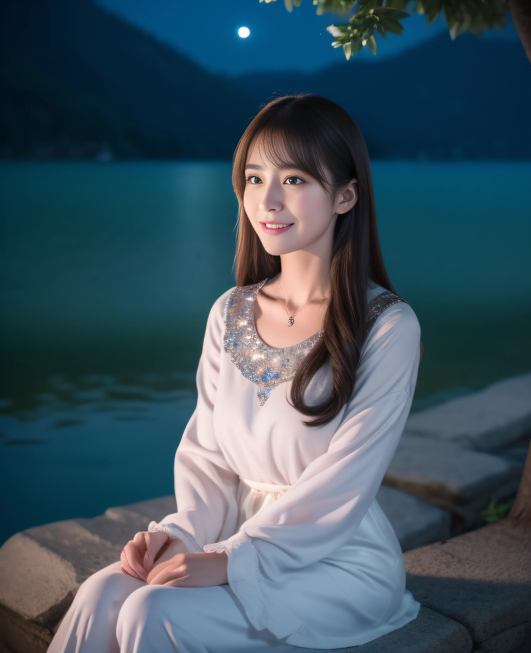 ,masterpiece, best quality,8k, ultra highres,(beautidful eyes:1.1),(Lakeside at night:1.3),The gentle goddess sits under the tree。Silver moonlight shone on her,Illuminate her quiet and idyllic smile。Her voice is soft and moving,Tell a story with deep meaning,Attract the creatures around you to stop and listen。