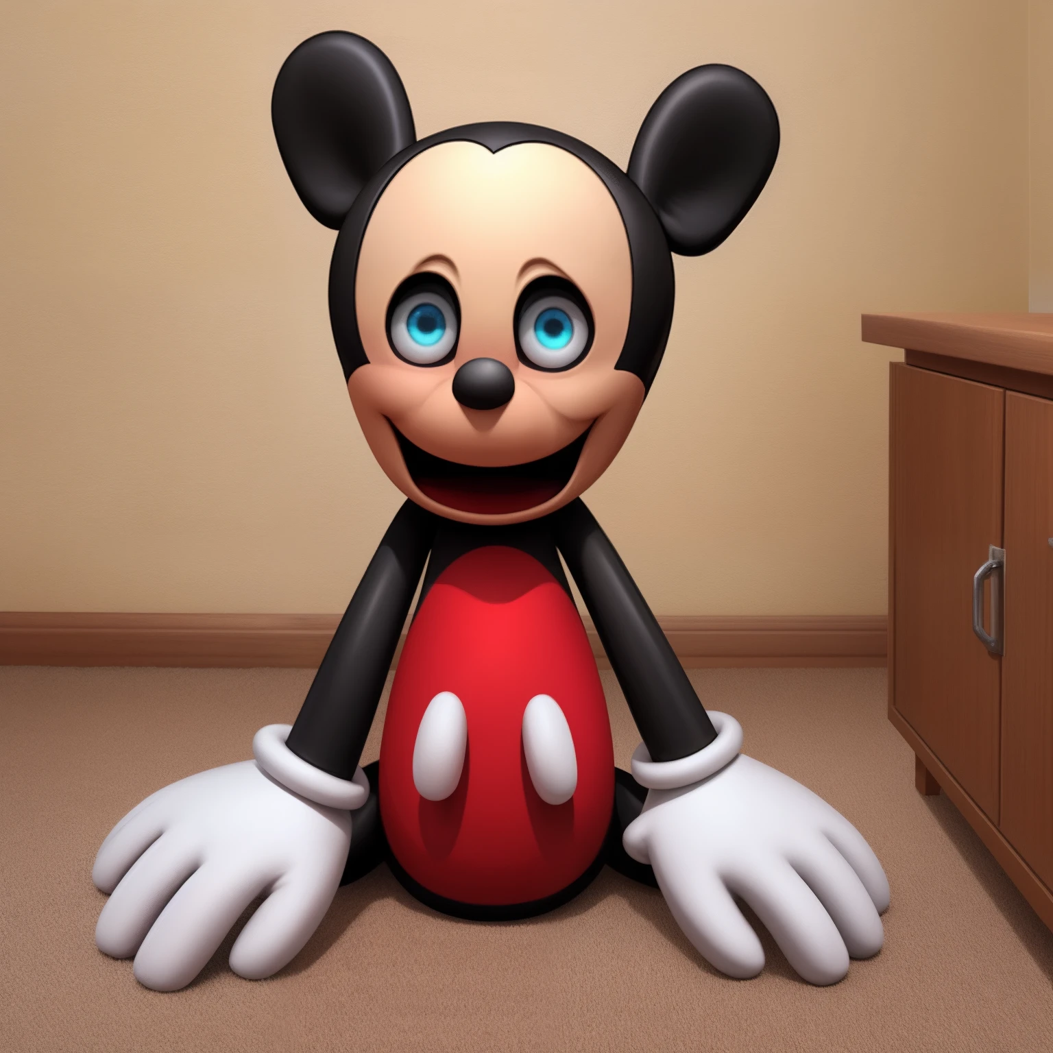 Mickey Mouse, no legs, legless, missing legs, blue eyes, open smile, big and wide mouth, agape, plush toy, real life