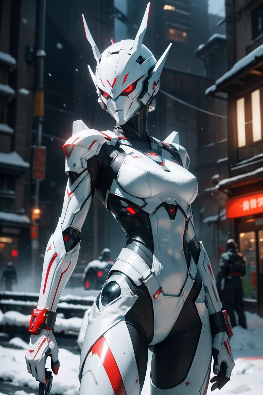 masterpiece、top-quality、hight resolution、cyberpunked、Real with creativity、White and red metal body、Slender woman、Beast Woman、Ultraman、snow-white body、(Stance:1.1)、Biomechanics、 Megacities of the future、Dramatic Lighting、Beam rifle in hand、