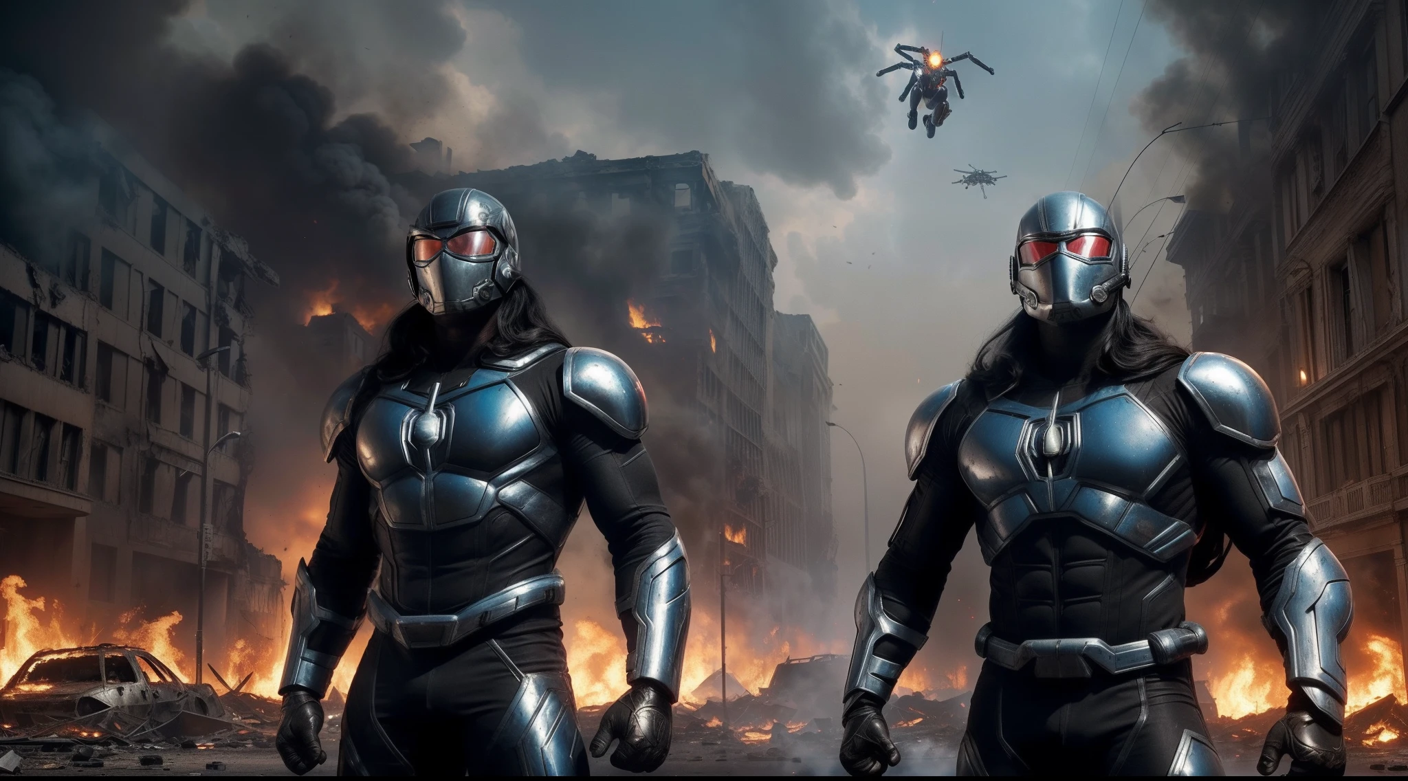 (maximum quality) man (super strong), (long black hair), fighting giant spiders in a destroyed city, (born fighter), (metallic spiders jumping on hero), metallic tech suit with blue and gray details (no helmet ), (no mask), (large detailed shoulder pad) (red round symbol on chest), burning cars on decaying streets, burning buildings, crumbling buildings, shrapnel everywhere, helicopters in the skies