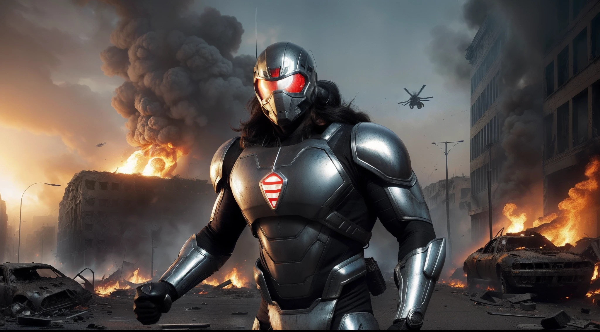 (maximum quality) man (super strong), (long black hair), fighting giant spiders in a destroyed city, (born fighter), (metallic spiders jumping on hero), metallic tech suit with blue and gray details (no helmet ), (no mask), (large detailed shoulder pad) (red round symbol on chest), burning cars on decaying streets, burning buildings, crumbling buildings, shrapnel everywhere, helicopters in the skies