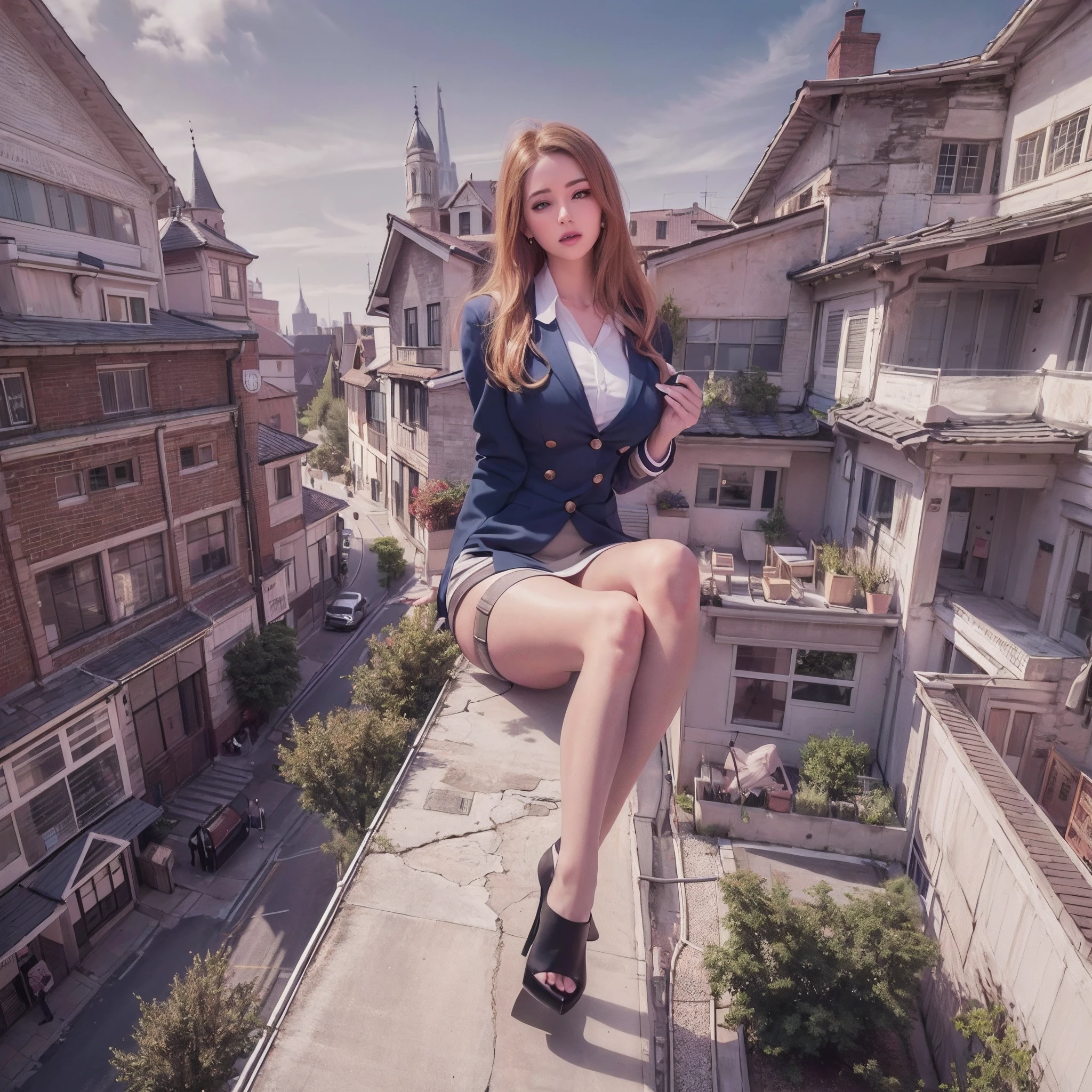 tallgts,giantess，Full body photo，BuildingSeat,school uniforms，Big breasts，pencil skirts，white lence stockings，stiletto，(Long legs:1.2),Extremely tall girl，Above the house，Beautiful looks，Delicatemakeup，Perfect lighting，Cinematic quality，8K,High quality,(GTS:1.5),Aerial View，With tiny,group