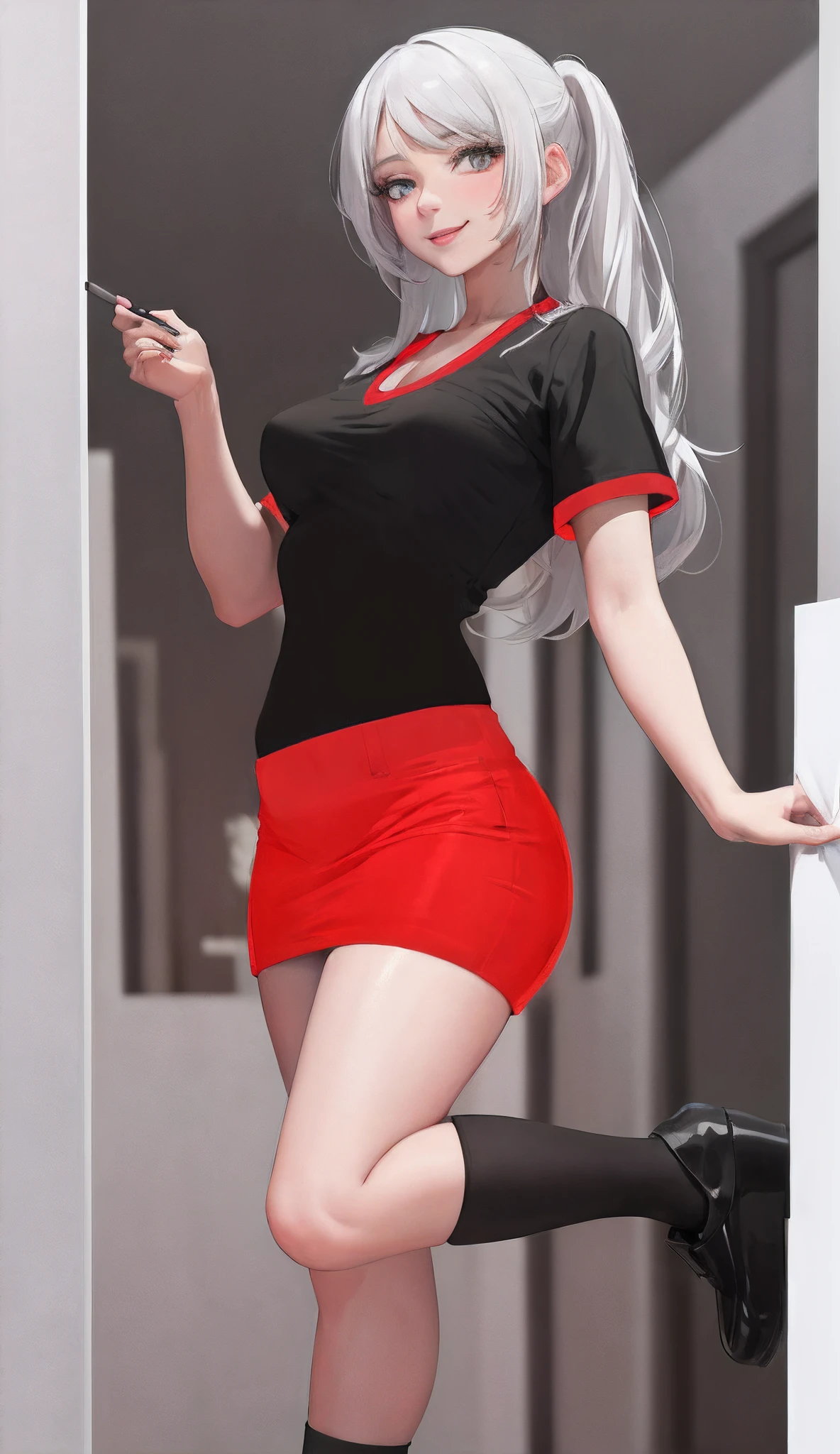 Photorealistic, high resolution, 1 woman, solo, hips up, pretty eyes, white hair, round eyes, black short sleeve t-shirt ,red dress, pencil skirt, black, socks smile, happy