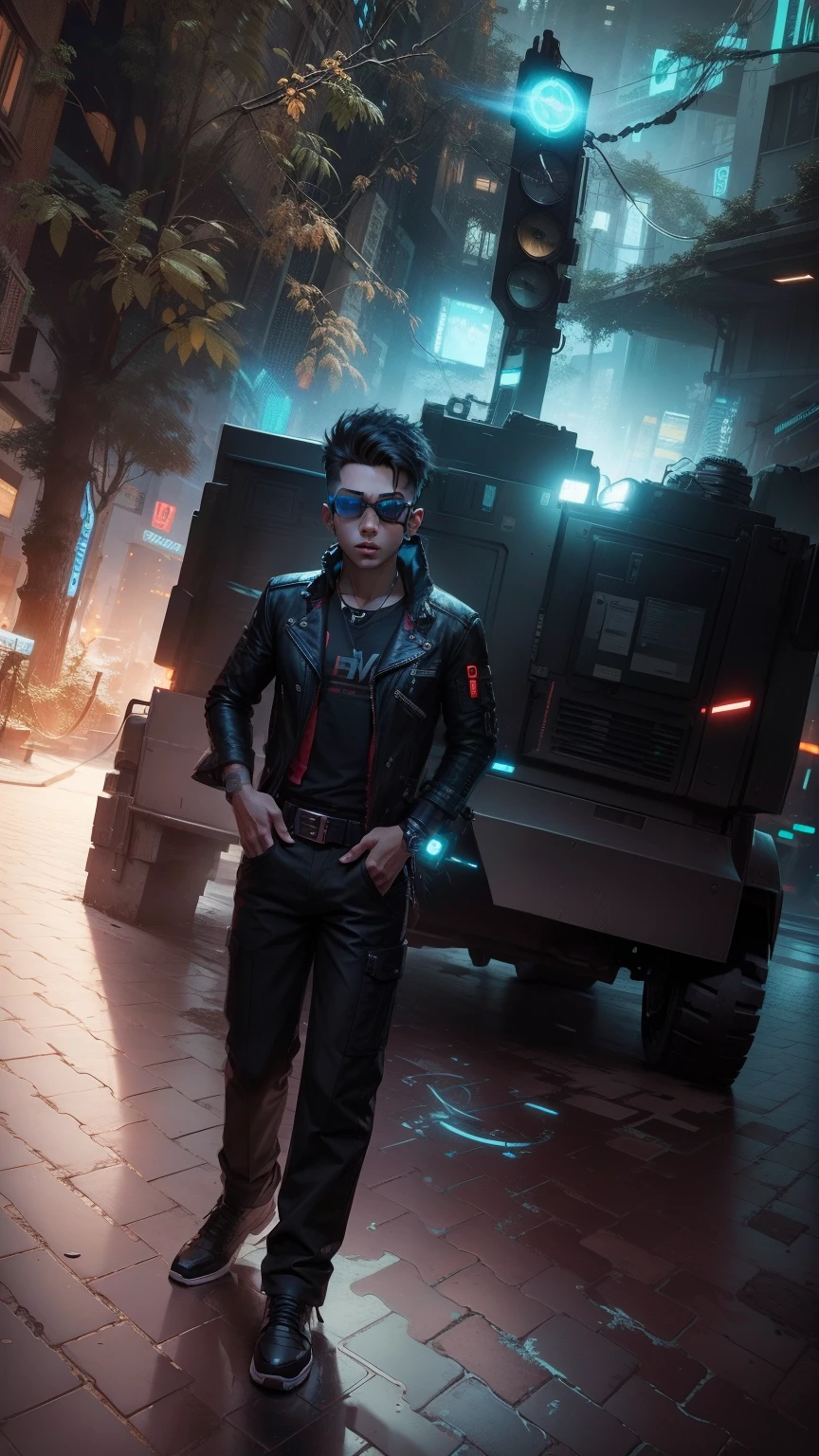 Change background cyberpunk handsome boy, realistic face, 8k, ultra realistic, cute little boy,