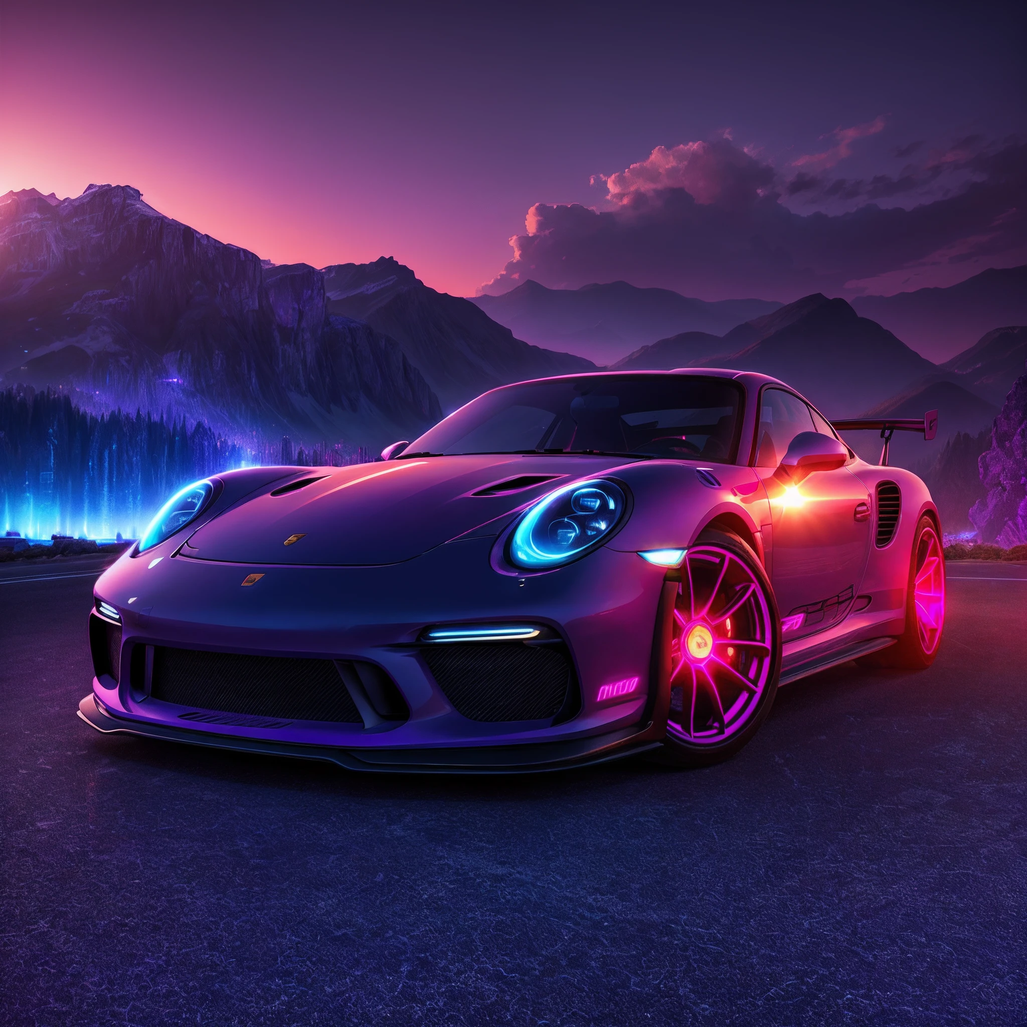 retrowave. city, Porsche turbo, wide body kit, road, purple neon lights, sun, mountain, (masterpiece,detailed,highres),