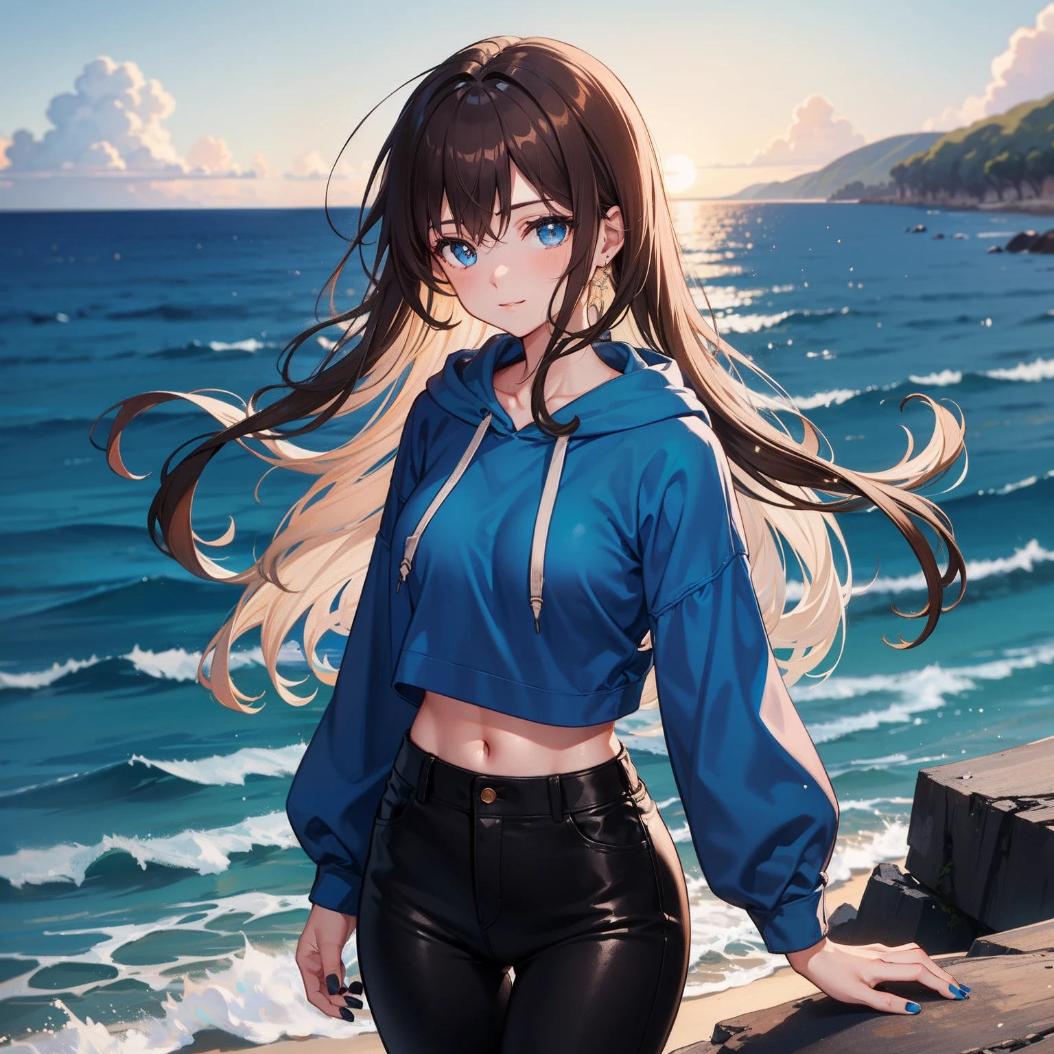 1girl, brown hair, long hair, blue eyes, (blue hoodie:1.3), black pants, blue nails, soft smile, big breasts, small waist, detailed background, soft lighting, (masterpiece), ocean, looking at viewer,