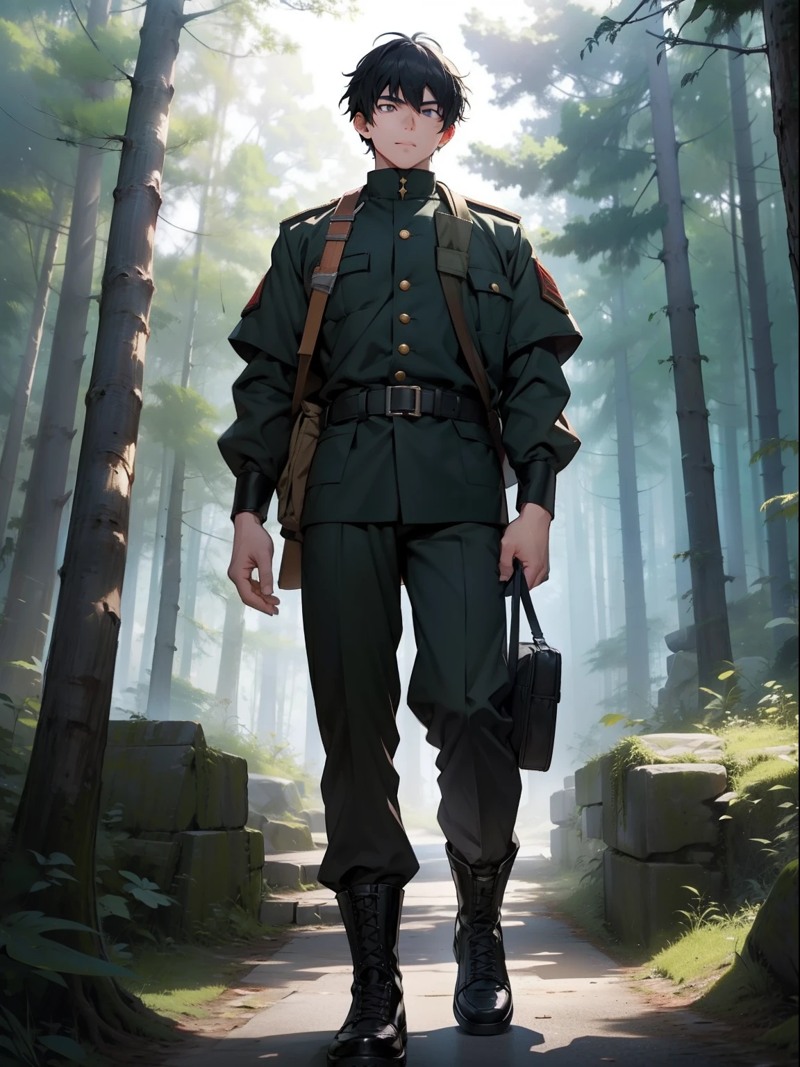 ln the forest，A boy with，Domineering，Military shoes，standing on your feet。In the daytime，Light irradiation，