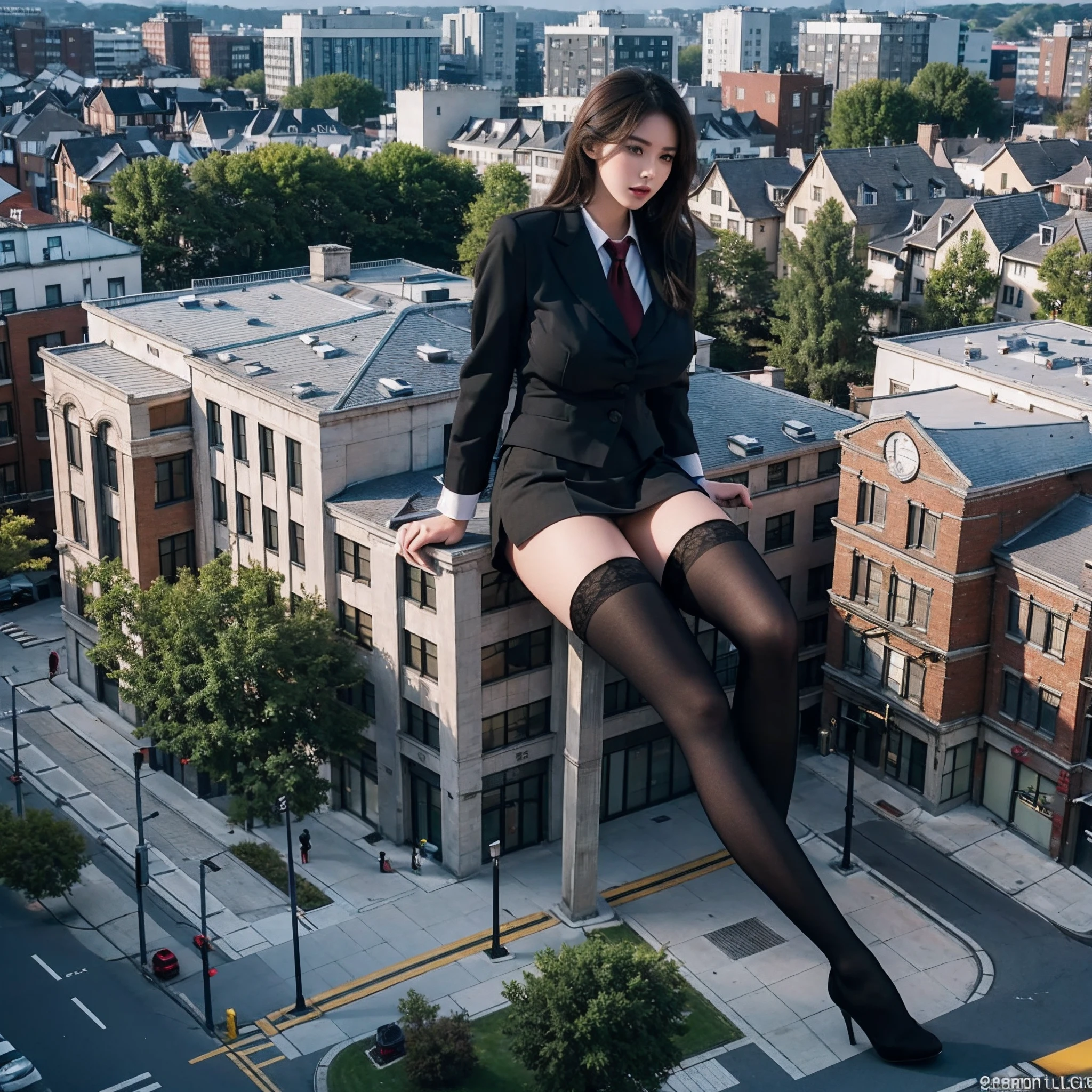 tallgts,giantess，Full body photo，BuildingSeat,school uniforms，glass,Big breasts，pencil skirts，black lence stockings，stiletto，(Long legs:1.2),Extremely tall girl，Above the house，Beautiful looks，Delicatemakeup，Perfect lighting，Cinematic quality，8K,High quality,(GTS:1.5),Aerial View，With tiny,group