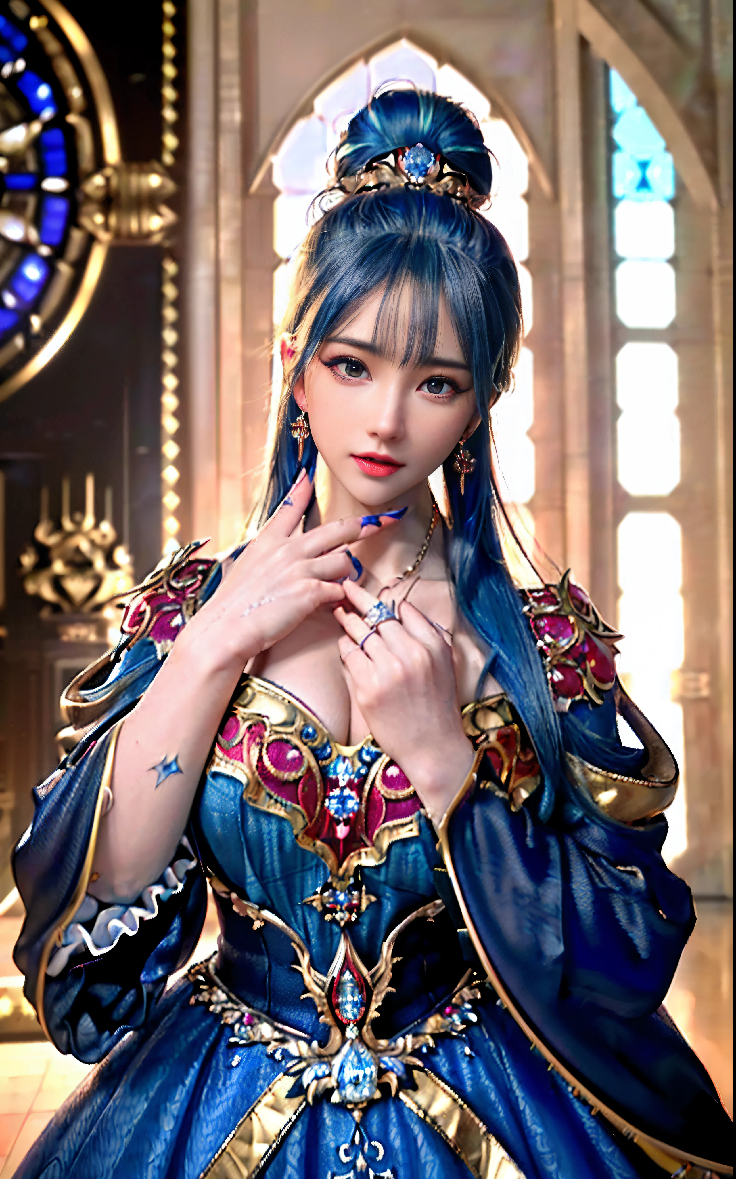 ((realisticity: 1.2)), ((realistic: 8K UHD)), ((best resolution: 8K UHD)), hyper detailed, best quality,masterpiece,highres,cg, ((1 girl hyper detailed and hyper realistic) ) , ((beautiful queen, hyper realistic and hyper detailed)),((white skin, beautiful, smooth, youthful, hyper realistic and hyper detailed )), ((Face hyper beautiful, white, hyper realistic and hyper detailed ) ), long hair, ((hyper realistic and hyper detailed dress)), solo, ((hyper realistic, hyper beautiful, beautiful and hyper detailed jewelry)), ((hyper beautiful deep red and golden yellow dress, hyper realistic and hyper detailed )) , ((Her pretty, hyper realistic, hyper detailed diamond filled earrings)), ((Her gorgeous diamond haircut, hyper realistic and hyper detailed)), ((hyper pretty upper body, hyper beautiful, hyper realistic and hyper detailed) ), ((medium breast: 1.1)), ((hyper realistic, hyper pretty, hyper detailed boobs)), ((the backgroun of the royal palace is hyper majestic, hyper realistic and hyper detailed)),((hands and palms hyper beautiful, hyper detailed, hyper realistic)), ((hyper detailed and hyper realistic fingers and fingernails)), ((hyper pretty fingernails, hyper vivid, hyper detailed, hyper realistic)), ((thumb, index finger, middle finger, ring finger, little finger hyper vivid, hyper pretty, hyper detailed, hyper realistic)),
((hyper beautiful fingers, hyper detailed, and hyper realistic)), ((posture not too fat and not too thin, hyper realistic, hyper detail)), ((hyper pretty, hyper pretty, hyper realistic and hyper detailed hair bun)), ((hyper pretty , hyper realistic and hyper detailed blue hair)), candid, Photo, high resolution, 8k , bokeh,