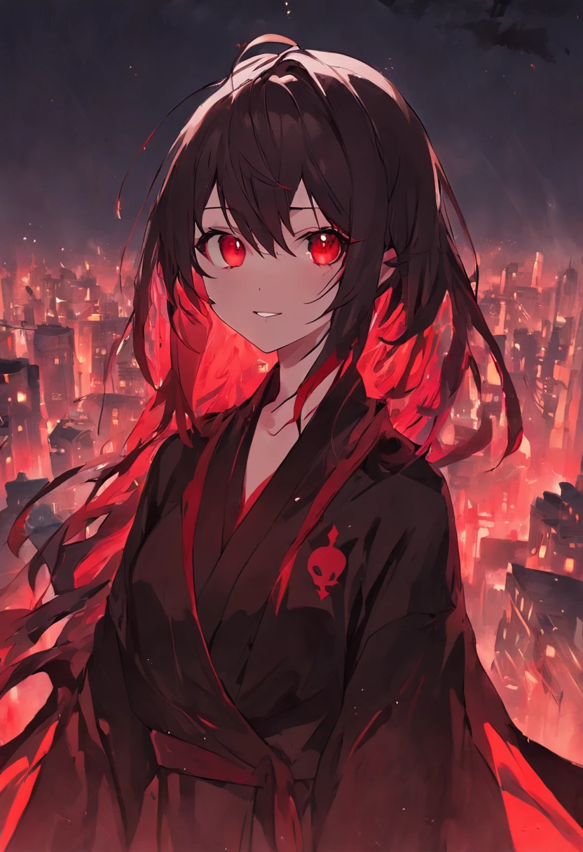 Black robe，red colour，Vampires，White skin of the，brunette color hair，red eyes，fang，pointy ears，The background is the city，Red Moon，blood stain，grinning smile，unholy