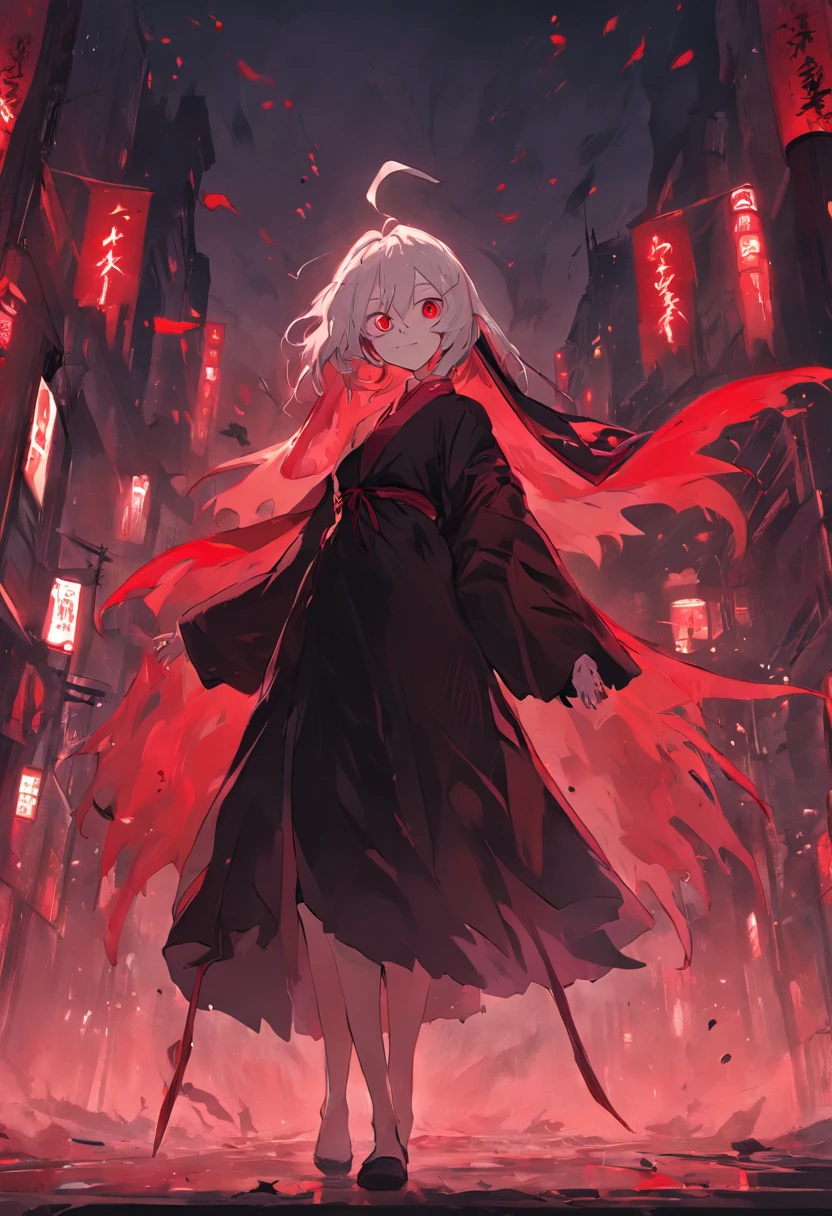 Black robe，red colour，Vampires，White skin of the，brunette color hair，red eyes，fang，pointy ears，The background is the city，Red Moon，blood stain，grinning smile，unholy