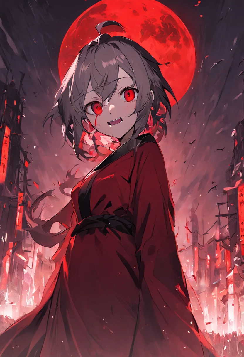 Black robe,red colour,Vampires,White skin of the,brunette color hair,red eyes,fang,pointy ears,The background is the city,Red Moon,blood stain,grinning smile,unholy