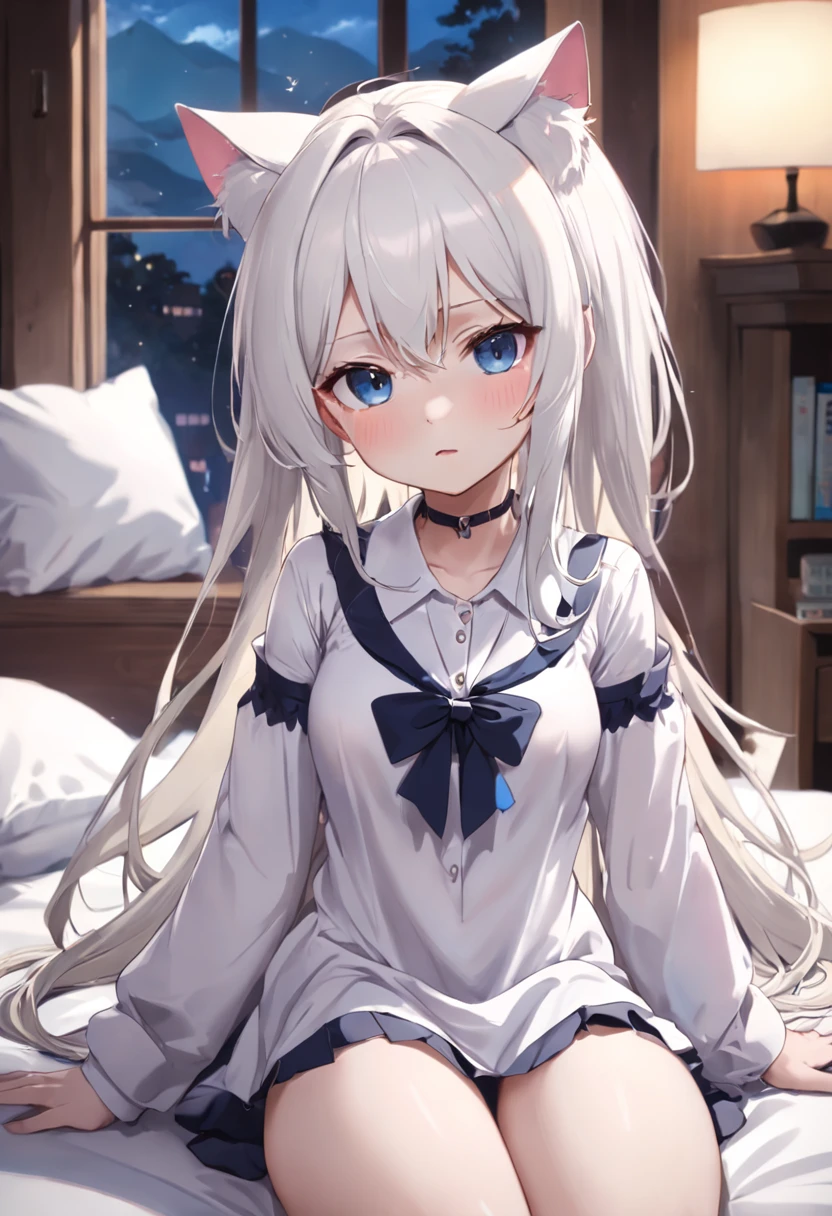 white long sleeve shirt,Shirt length to thighs,Bare shoulders,Cat ears,shyexpression,Hands hang at your sides,Open white shirt,Shoulders exposed,Cute ,long whitr hair,Leaky shoulders,Barefoot,head looking up,Lie on the ground,Raise your feet,shift dresses,white panties,largeeyes,Anime cute face,Lolig white socks,Masturbation,White hair,long whitr hair,Lolita s,Sleep peacefully in bed