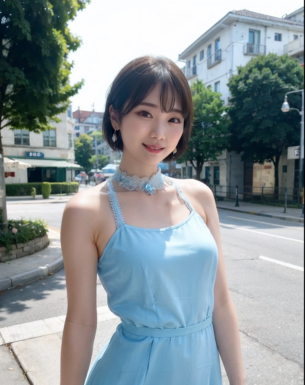A woman posing on a street corner in a light blue dress,Best quality at best,1girl,Large breasts,In the daytime,brightly,blur backgroun,Background bokeh,exteriors,(the street:0.8),(a person,crowd of:1),(lace trimmed dresses:1.5,sleevelessdress,light blue clothes,light blue high-neck dress:1.2,a blue dress:1.5),opulent,(short detailed hair,forehead:1.2),Beautiful Details Sky,耳Nipple Ring,(dynamicposes:1.2), (The upper part of the body:0.8),gentlesoftlighting,ventania,shiny skins,cute korean actress,((crisp breasts:1.2)),