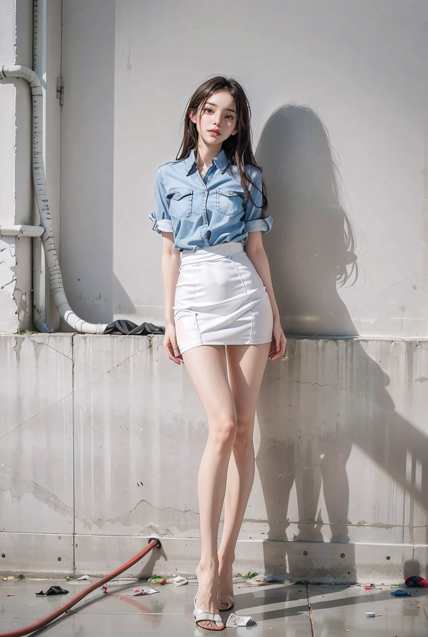tmasterpiece，Abandoned building stairwell，Garbage all over the ground，grimy，Very beautiful 16 year old Korean beauty，full-body portraits，facing at camera，Sexy standing pose，Slim legs，very beautiful long slim legs，The barefoot，Naked all over the body，full body exposed，exhibitionists，nakeness，fullnude