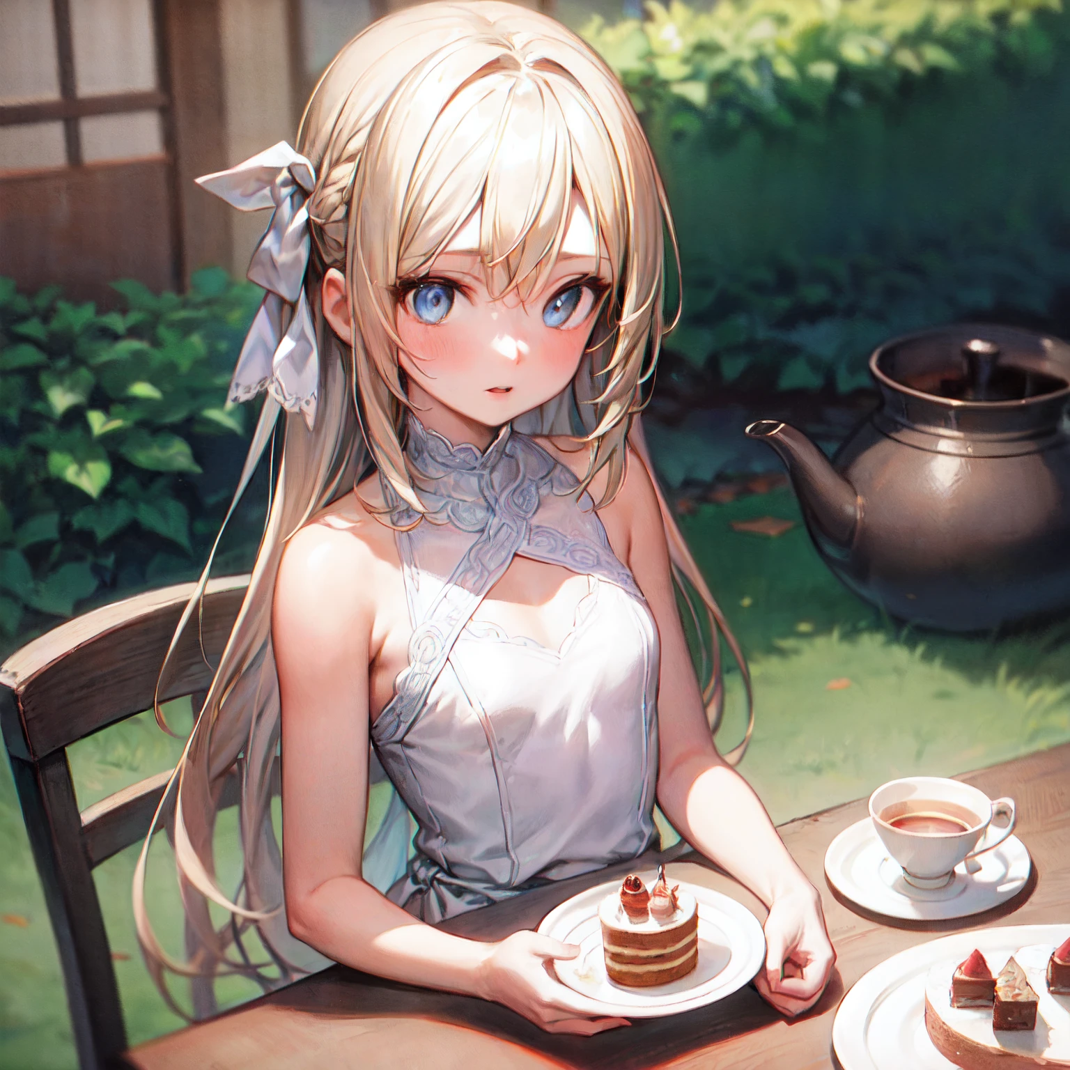 (illustration,masterpiece,best quality,high resolution),1 girl,small breasts,long hair,blonde hair,blue eyes,white dress,bare shoulders,tea party,upper body,table,cake,outdoors
