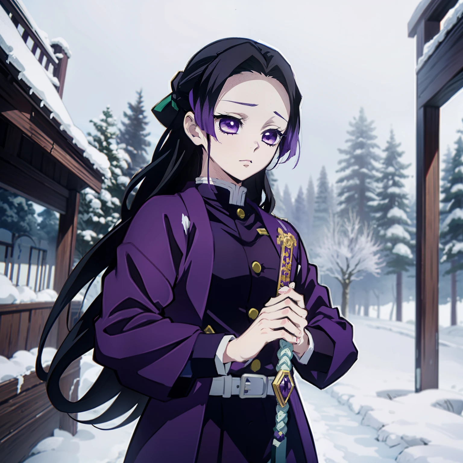 Kimetsu no Yaiba style, 1 girl, a hashira, pretty, purple hair, gentle, elegant, calm, noble, Pillar Demon Slayer, wearing demon slayer uniform, holding a purple demon slayer sword, Noble