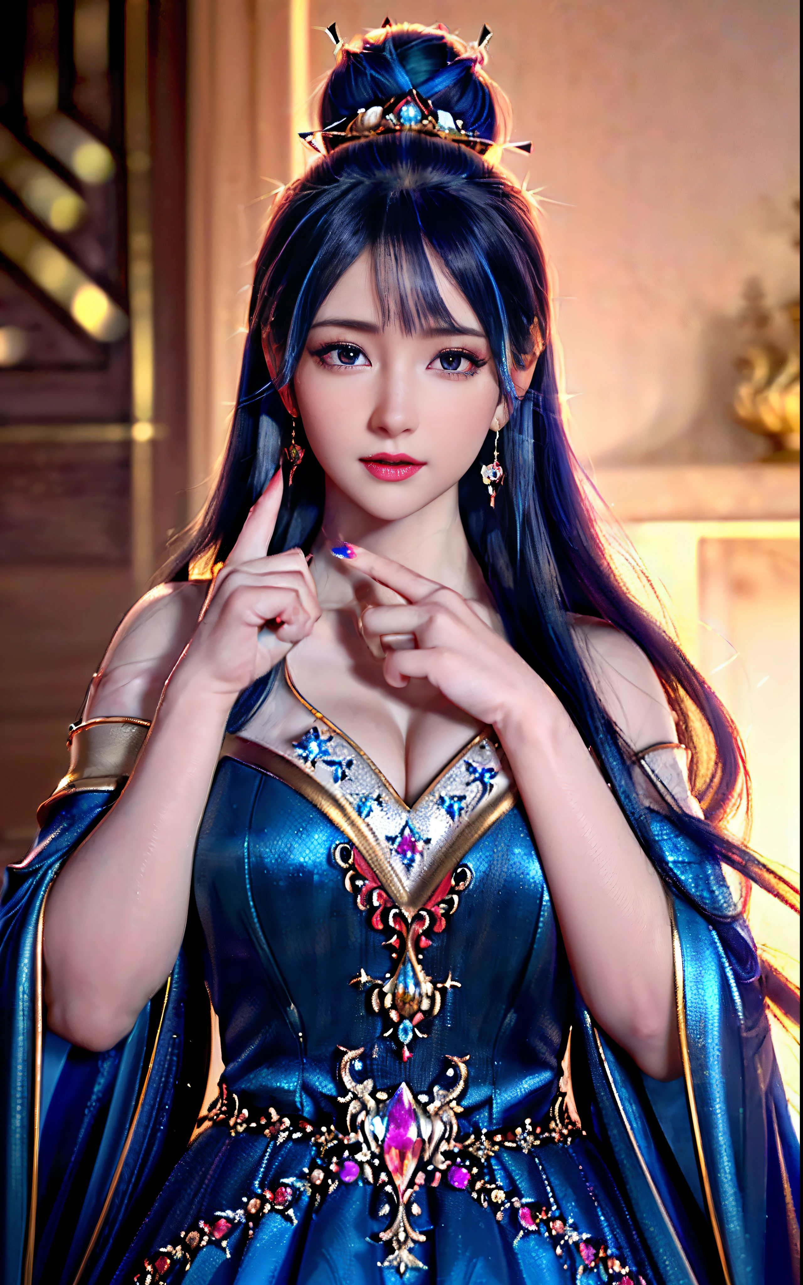 ((realisticity: 1.2)), ((realistic: 8K UHD)), ((best resolution: 8K UHD)), hyper detailed, best quality,masterpiece,highres,cg, ((1 girl hyper detailed and hyper realistic) ) , ((beautiful queen, hyper realistic and hyper detailed)),((white skin, beautiful, smooth, youthful, hyper realistic and hyper detailed )), ((Face hyper beautiful, white, hyper realistic and hyper detailed ) ), long hair, ((hyper realistic and hyper detailed dress)), solo, ((hyper realistic, hyper beautiful, beautiful and hyper detailed jewelry)), ((hyper beautiful deep red and golden yellow dress, hyper realistic and hyper detailed )) , ((Her pretty, hyper realistic, hyper detailed diamond filled earrings)), ((Her gorgeous diamond haircut, hyper realistic and hyper detailed)), ((hyper pretty upper body, hyper beautiful, hyper realistic and hyper detailed) ), ((medium breast: 1.1)), ((hyper realistic, hyper pretty, hyper detailed boobs)), ((the backgroun of the royal palace is hyper majestic, hyper realistic and hyper detailed)),((hands and palms hyper beautiful, hyper detailed, hyper realistic)), ((hyper detailed and hyper realistic fingers and fingernails)), ((hyper pretty fingernails, hyper vivid, hyper detailed, hyper realistic)), ((thumb, index finger, middle finger, ring finger, little finger hyper vivid, hyper pretty, hyper detailed, hyper realistic)), ((hyper beautiful fingers, hyper detailed, and hyper realistic)), ((posture not too fat and not too thin, hyper realistic, hyper detail)), ((hyper pretty, hyper pretty, hyper realistic and hyper detailed hair bun)), ((hyper pretty , hyper realistic and hyper detailed blue hair)), candid, Photo, high resolution, 8k , bokeh,