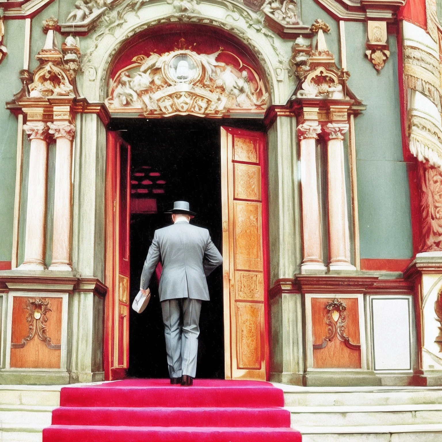 Em 1920, a man in a suit and hat entering an exquisitely ornate church door, altamente ornamentado, fim de uma era, 3 4 5 3 1, ornamentadamente vestido, dramatic entry, imposing presence, prestes a entrar na moldura da porta, Directed by: Thomas Bock, Directed by: Ludwik Konarzewski, Directed by: Zygmunt Waliszewski, cinematic