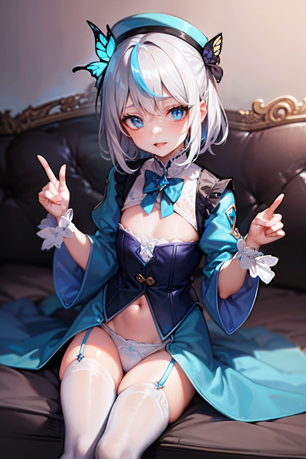 (Masterpiece, Slim Body, Delicate Fingers: 1.2), Best Quality, (Illustration: 1.2), (Hyper Detail), Eye Focus, Ultra Detail, (Fine Detail), (Intricate Detail), HDR, (Ultra Detail: 1.15), (Soft Light: 1.2), girls , White hair, blue highlights, (cyan left eyes: 1.3) , (blue right eyes: 1.3) , ager , nobility lady cloth, neat outfit, (costume with blue accents: 1.2), white shirt , (blue jacket: 1.3), (medium long white pant: 1.2) , medium short hair , solo , heterochromia , wearing hat , wearing gloves (white) , multicolored hair , ahoge ,black ascot , long sleeves , blue top hat, butterfly ,frilled sleeves, thigh straps , furina (genshin), black tights, flat chest, 15 y