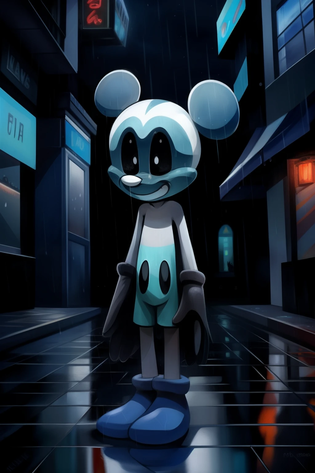 Mickey Mouse, black gloves, cyan tongue, black eyes with white pupil, sad expression, crying, tears, expressive, dynamic frontal angle, cloudy, exterior, city street background, raindrops, raining, intricate details, masterpiece