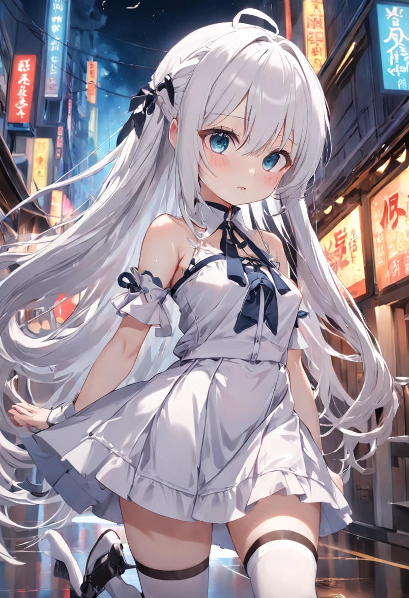 Cute loli，Tethered，long  white hair，largeeyes，Eyes are confused，Imprisoned，Be controlled，shift dresses，Lift the skirt，Leakage of the ，Leaking out of the shoulder，Long white stockings，Chains，