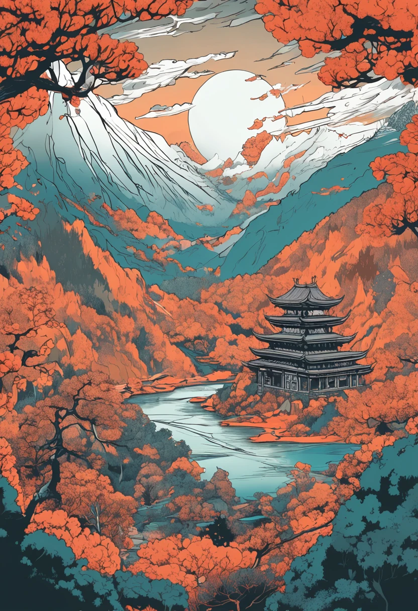 Intricate painting details of Japanese forests, by range murata, galaxy in background, Clouds, vivd colour, High contrast, Mountain, vector line art, orange highlights, trending in pixiv, anime concept art, Stick, Mattire, high high quality, Edge to edge, Sanskrit, dragon egg in the middle of the scene