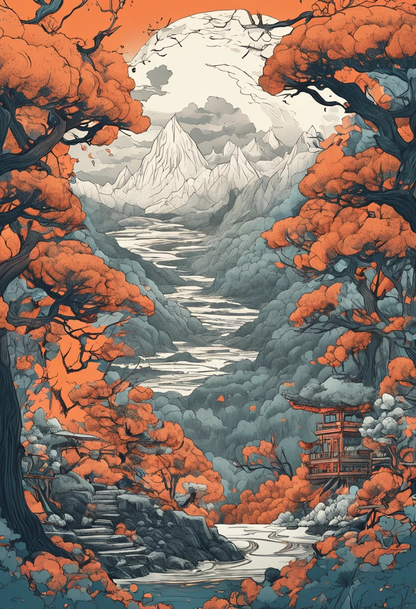 Intricate painting details of Japanese forests, by range murata, galaxy in background, Clouds, vivd colour, High contrast, Mountain, vector line art, orange highlights, trending in pixiv, anime concept art, Stick, Mattire, high high quality, Edge to edge, Sanskrit, dragon egg in the middle of the scene