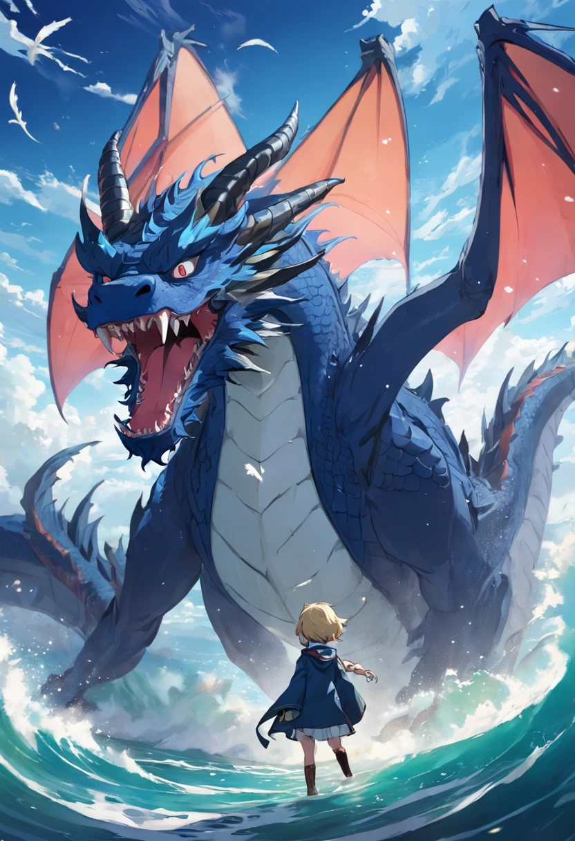Endless sea level，The boy's hand turned into luck，The dragon flew into the air，Waves are everywhere，A giant dragon hovers in the air。