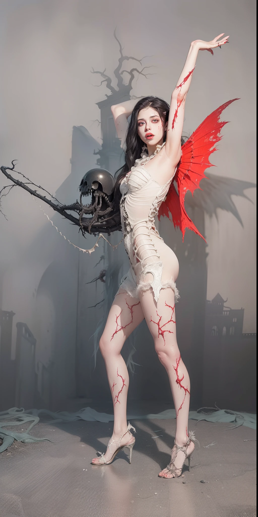 Fine matte painting, skeleton dark angel big wings haunted castle on drawing table full of knives, horror, spookiness, scary, secret horror, tentacles, vines, eyes, uncanny valley effect teeth, limbs, animals, blood moon，high-heels，8K，Supermodel Angel